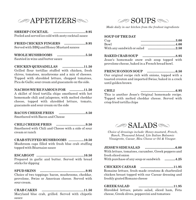 Dinner Menu – Jesse’s Steak and Seafood