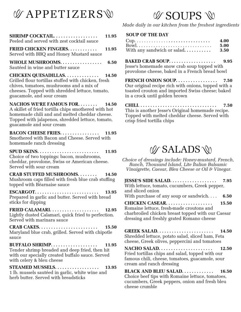 Dinner Menu – Jesse’s Steak and Seafood